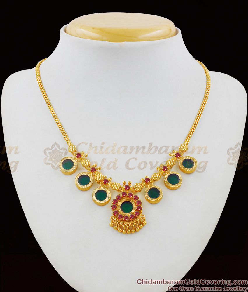 Bridal Necklace Three Petal Pink And Green Stone Kerala Palakka Necklace NCKN1488