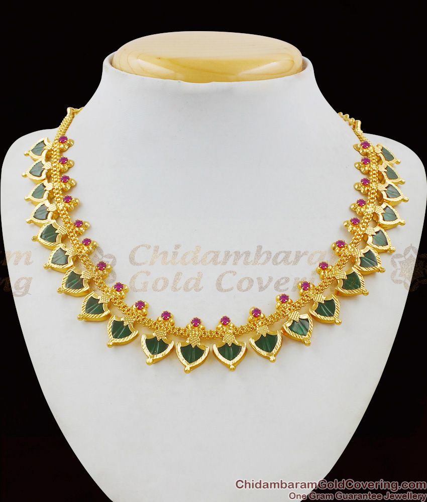 Bridal Necklace Pink And Green Stone Kerala Palakka Necklace Choker Collections NCKN1491