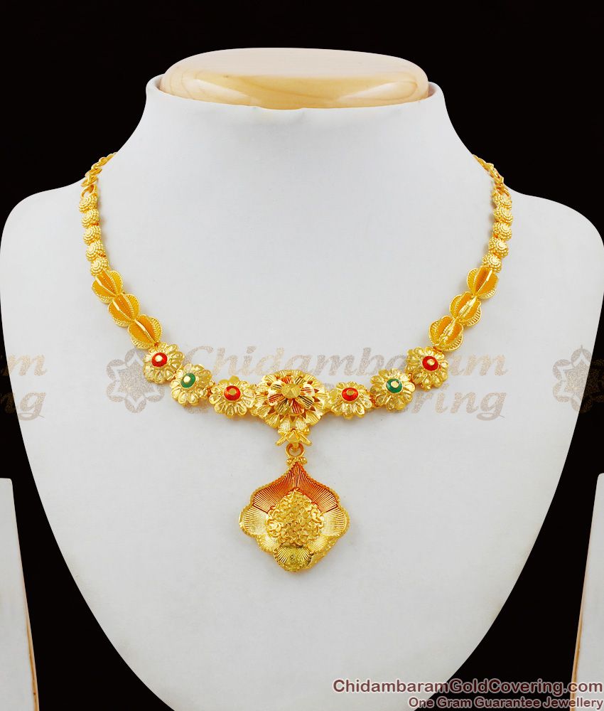 Enamel Forming Gold Flower Dollar Model Bridal Necklace With Earrings Set Jewelry NCKN1498