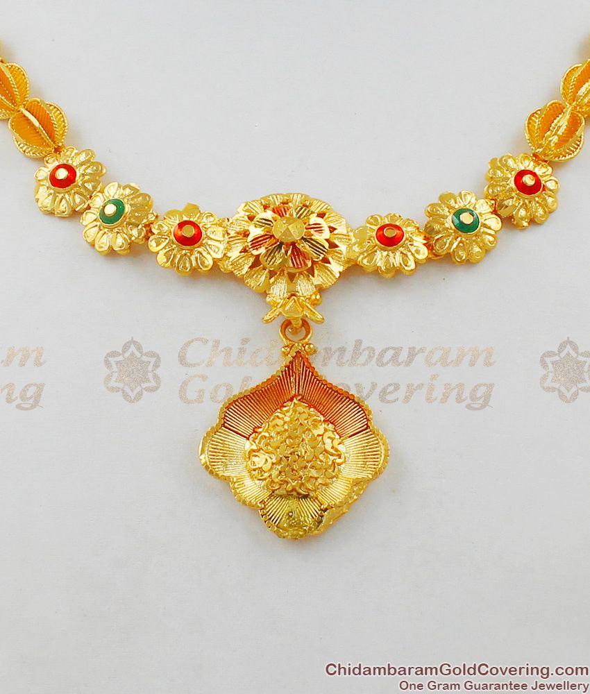 Enamel Forming Gold Flower Dollar Model Bridal Necklace With Earrings Set Jewelry NCKN1498