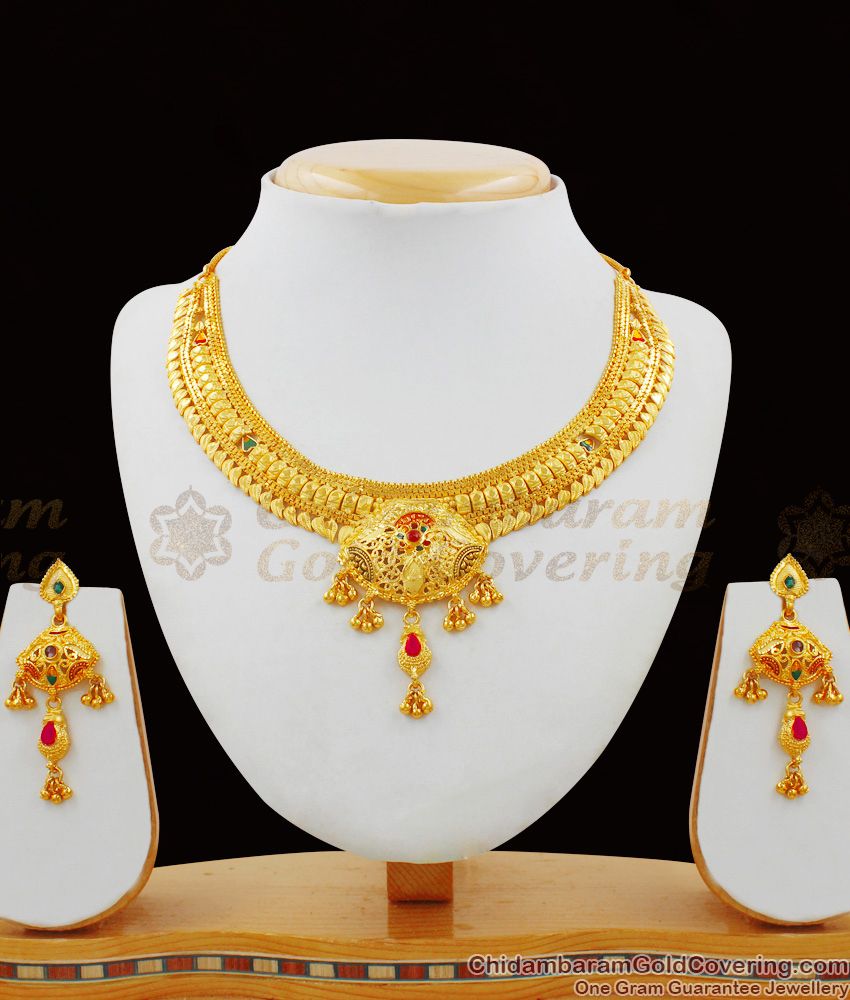 Delightful Color Stone Leaf Design Grand Gold Forming Necklace Bridal Collection NCKN1499