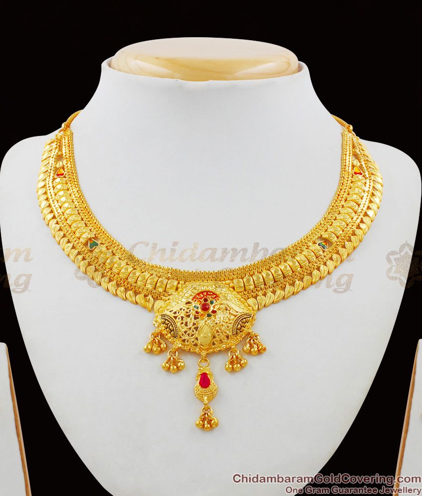 Delightful Color Stone Leaf Design Grand Gold Forming Necklace Bridal Collection NCKN1499