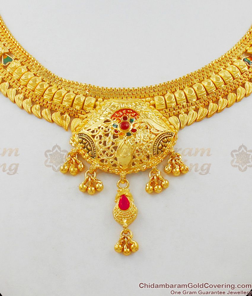 Delightful Color Stone Leaf Design Grand Gold Forming Necklace Bridal Collection NCKN1499