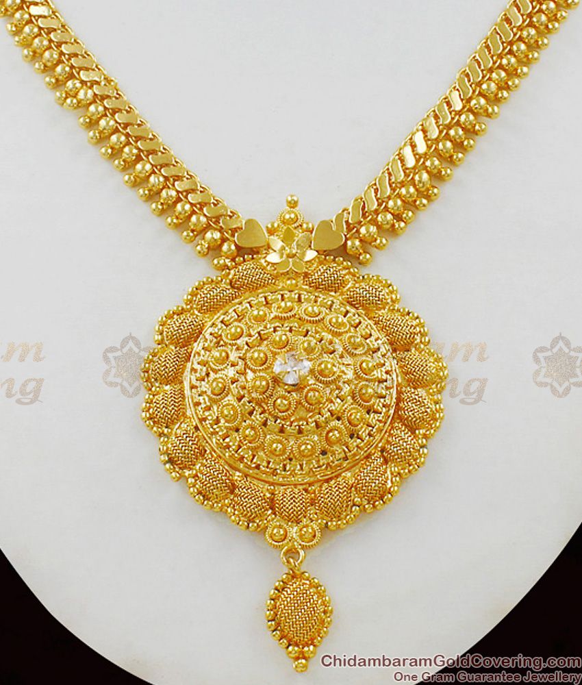 Net Pattern Kerala Design With White Stone Gold Plated Necklace Collection NCKN1502