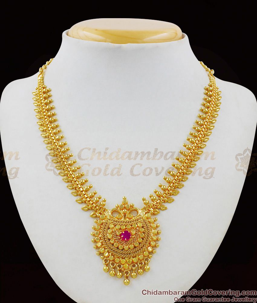 Kerala Mullai Leaf Gold Dollar With Ruby Stone Necklace For Marriage Functions NCKN1503