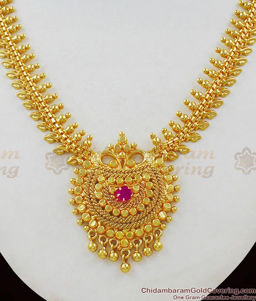 Kerala Mullai Leaf Gold Dollar With Ruby Stone Necklace For Marriage Functions NCKN1503