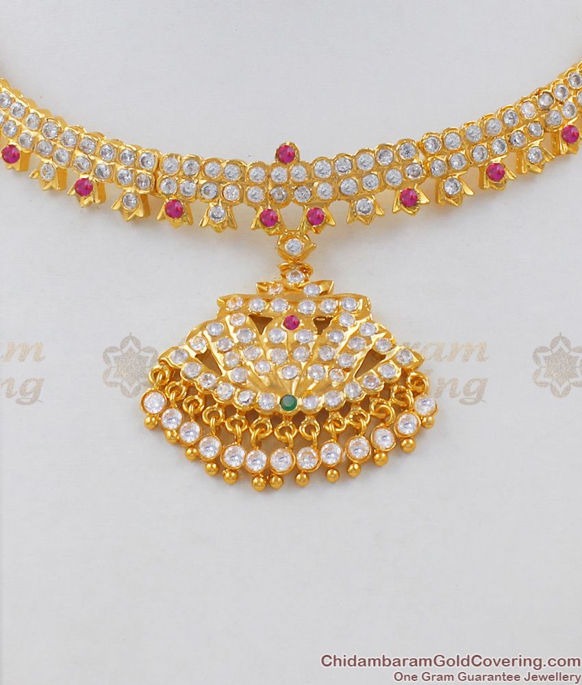 Trendy Colorful Multi Stones Choker Panchalogam Gold Attigai For Womens NCKN1508