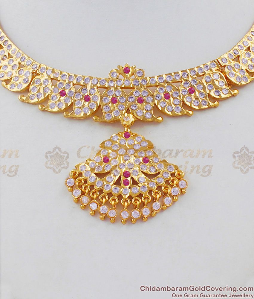 Five Metal Jewelry Mango Leaf Pattern Gold Attigai Gati Stones Choker NCKN1510