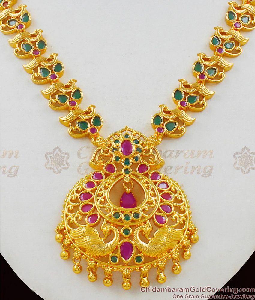 Grand Dancing Peacock Ruby Emerald stone Kerala Bridal Wear Jewellery NCKN1525