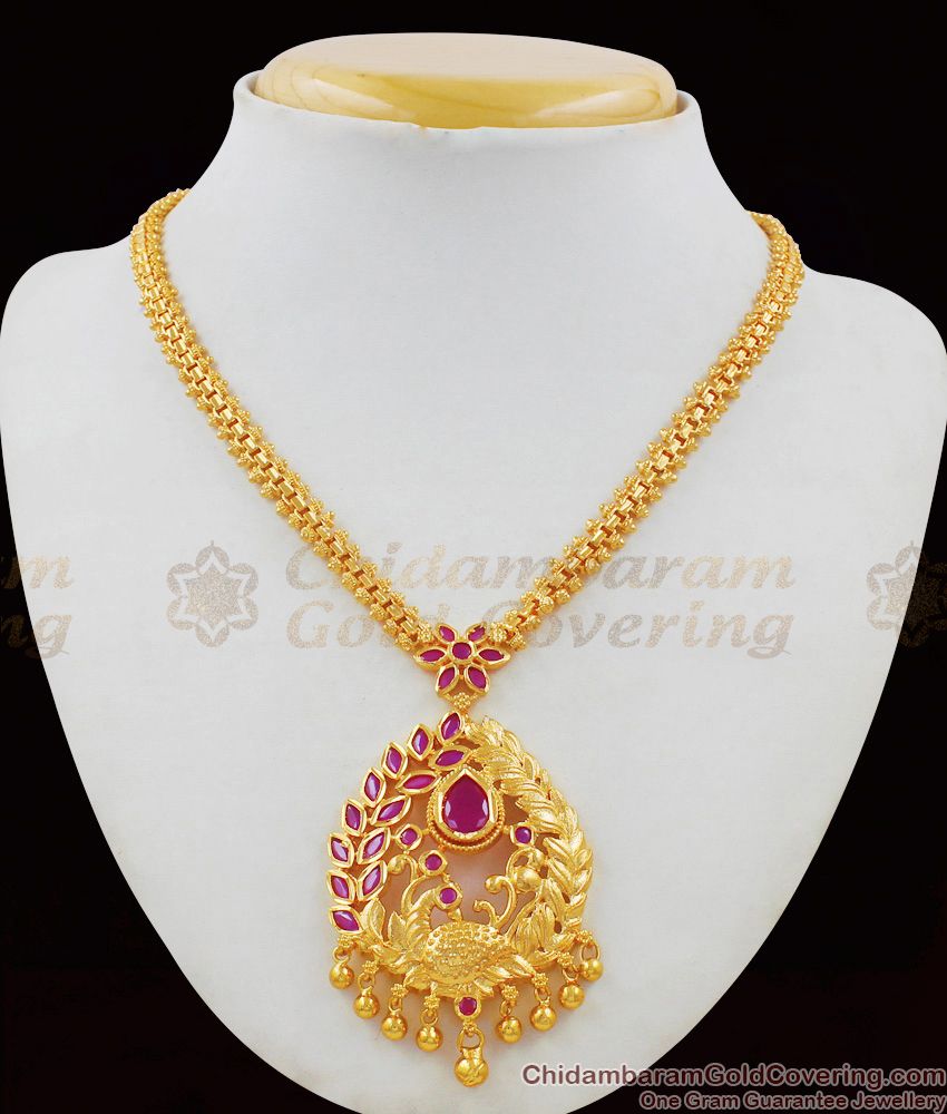 Trendy Peacock Feather Ruby Stone Doller Gold Plated NecklaceNCKN1535 Trendy Peacock Feather Ruby Stone Doller Gold Plated NecklaceNCKN1535