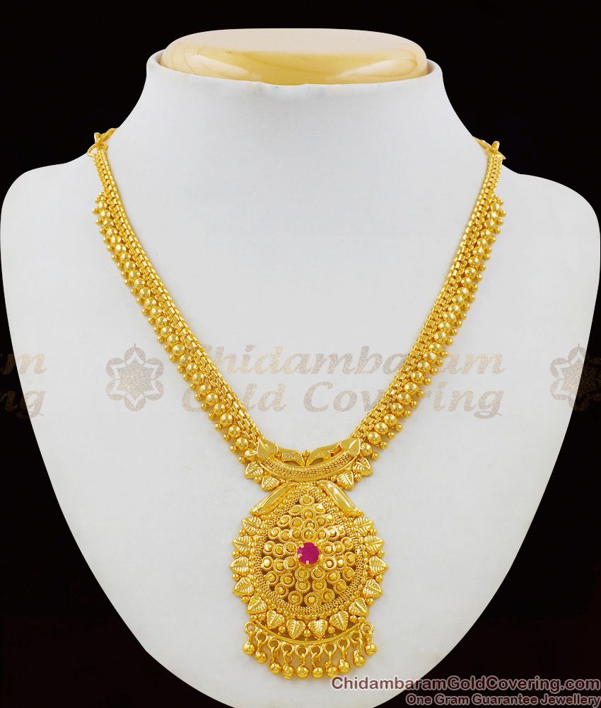 Traditional South Indian Kerala Model Dollar Single Ruby Stone Necklace NCKN1540