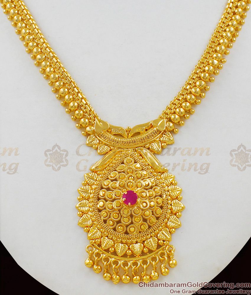 Traditional South Indian Kerala Model Dollar Single Ruby Stone Necklace NCKN1540