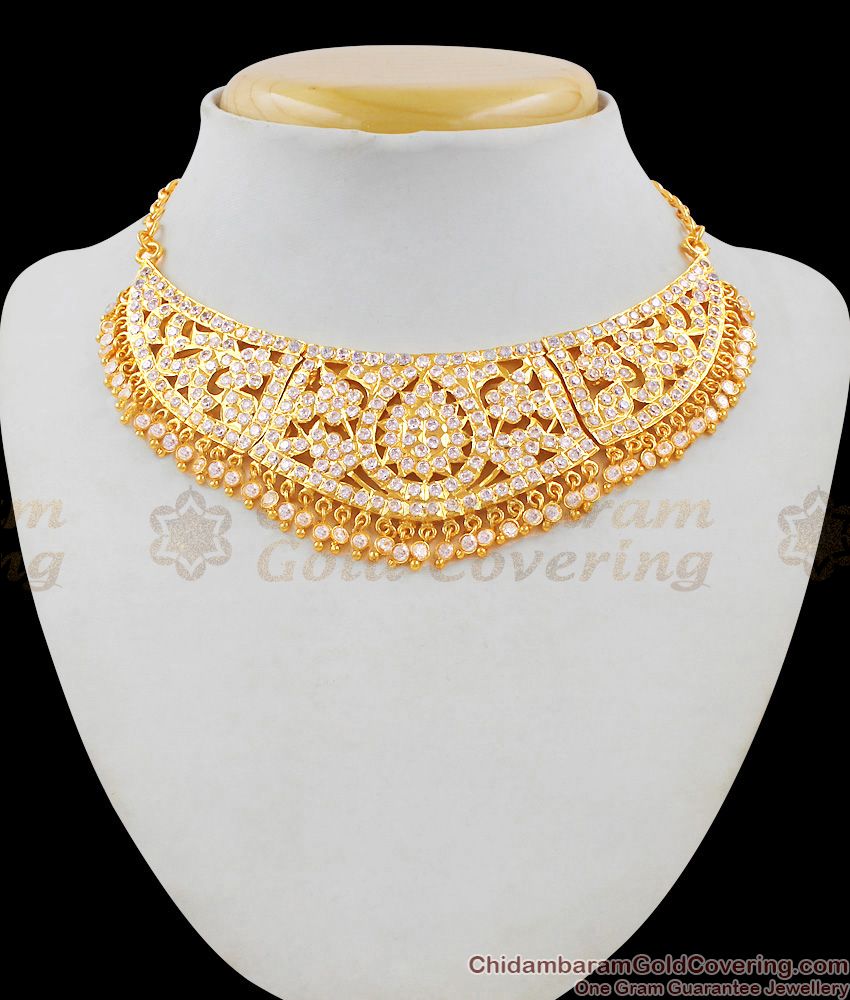 Grand Impon Full White Stones Attigai Gold Choker Necklace Design NCKN1548