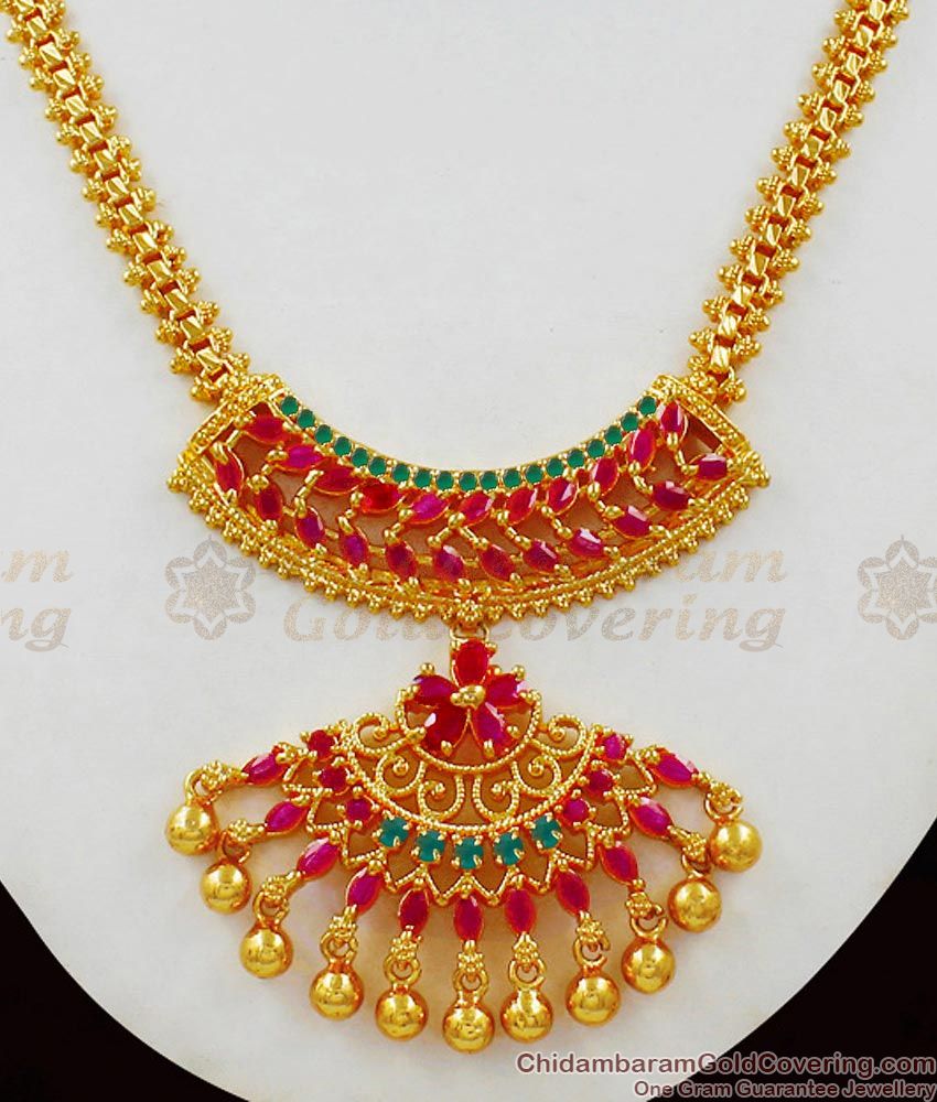 Fascinating Full Ruby AD Stone Pattern Gold Necklace Set Bridal Jewelry NCKN1550