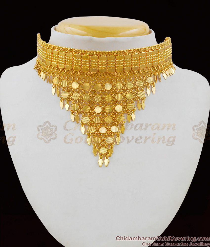 Traditional Kerala Design Net Pattern Gold Close Neck Net Choker Necklace NCKN1561