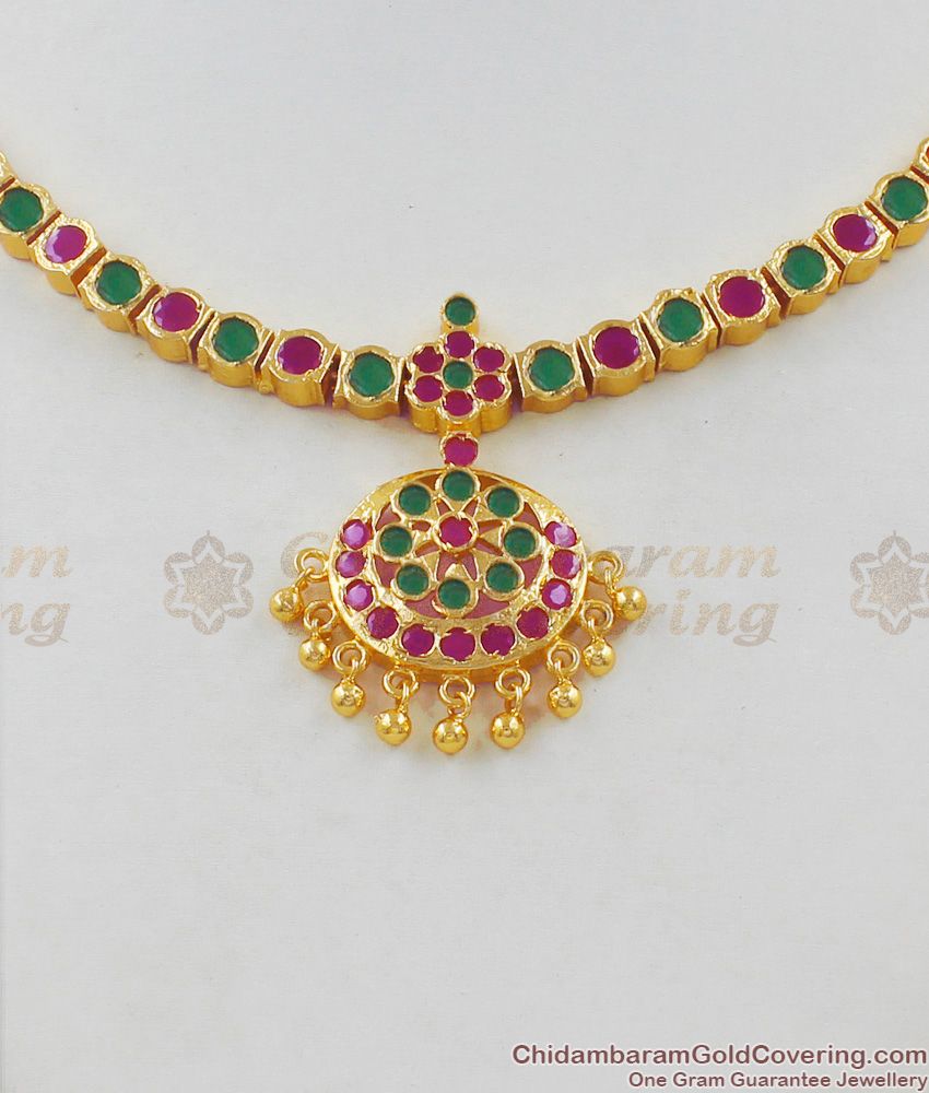 Ruby Emerald Stone Impon Attigai Gold Necklace Dollar Design Jewelry NCKN1566