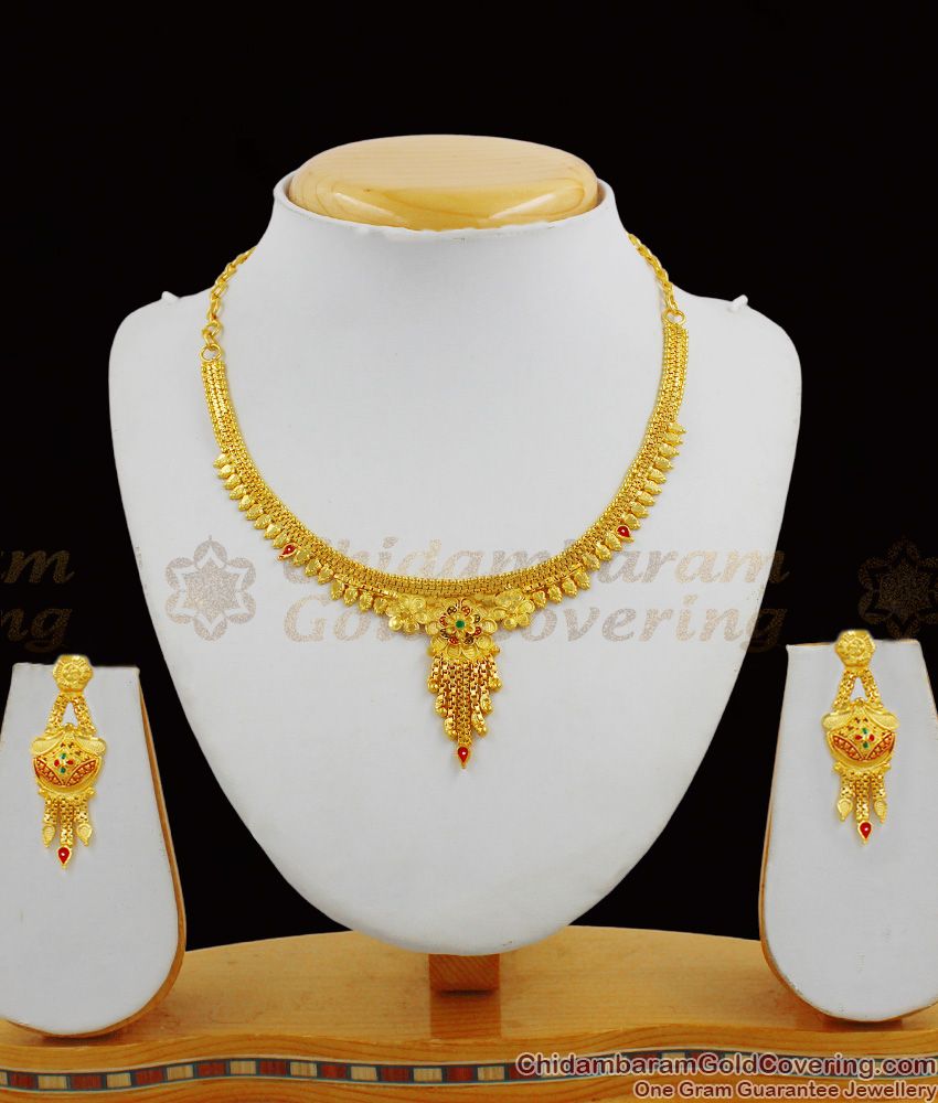 Enamel Forming Two Gram Gold Plated Bridal Set Necklace With Earrings Collection NCKN1571