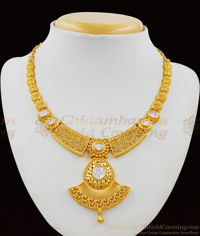 Beautiful Bridal Mehndi Design With White Crystal Stone Gold Imitation Necklace Model NCKN1587