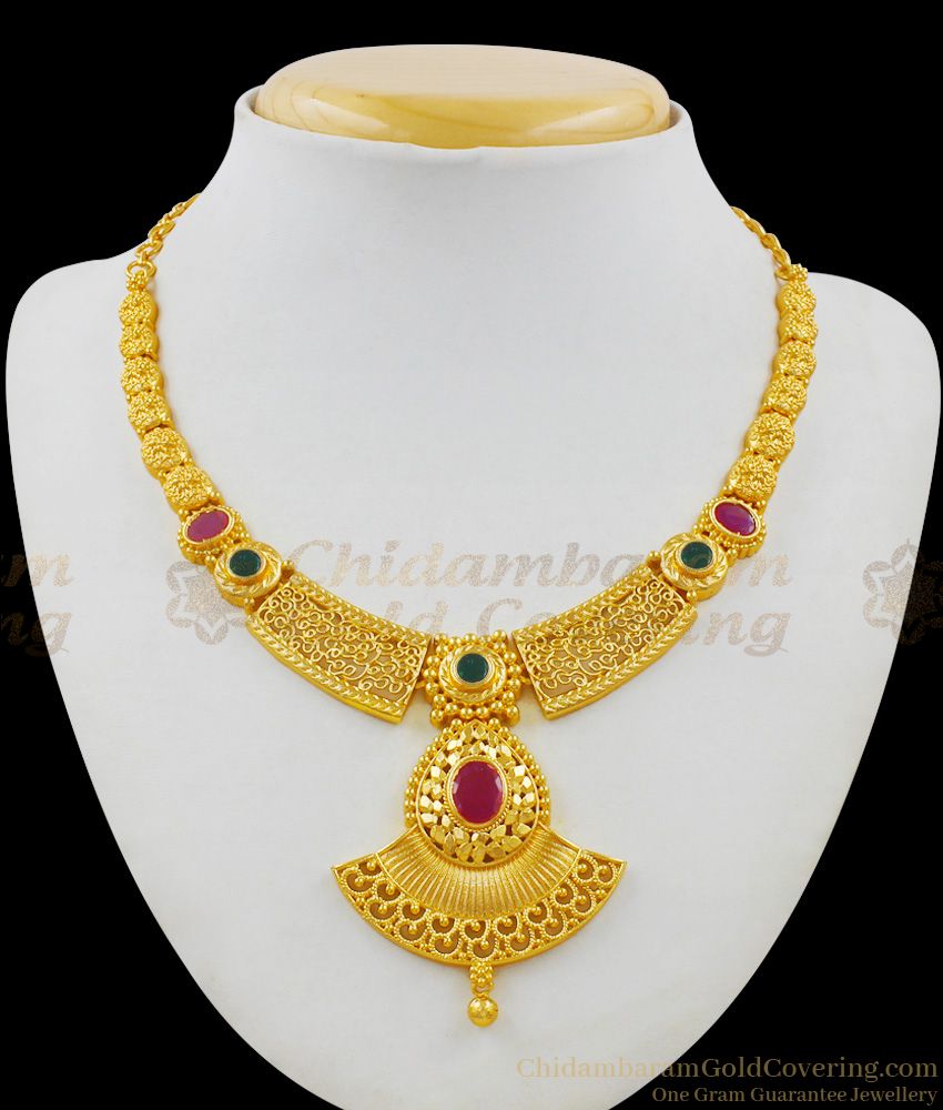 Admiring Wedding Model One Gram Gold With Ruby Emerald Stone Bridal Collection Necklace NCKN1589