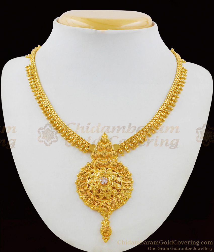 Vivid Gold Inspiring Bridal Necklace With AD White Stone With Mullaipoo Design NCKN1596