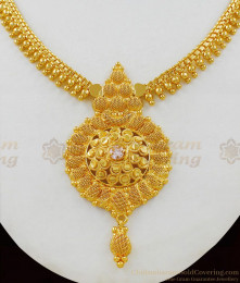 Vivid Gold Inspiring Bridal Necklace With AD White Stone With Mullaipoo Design NCKN1596