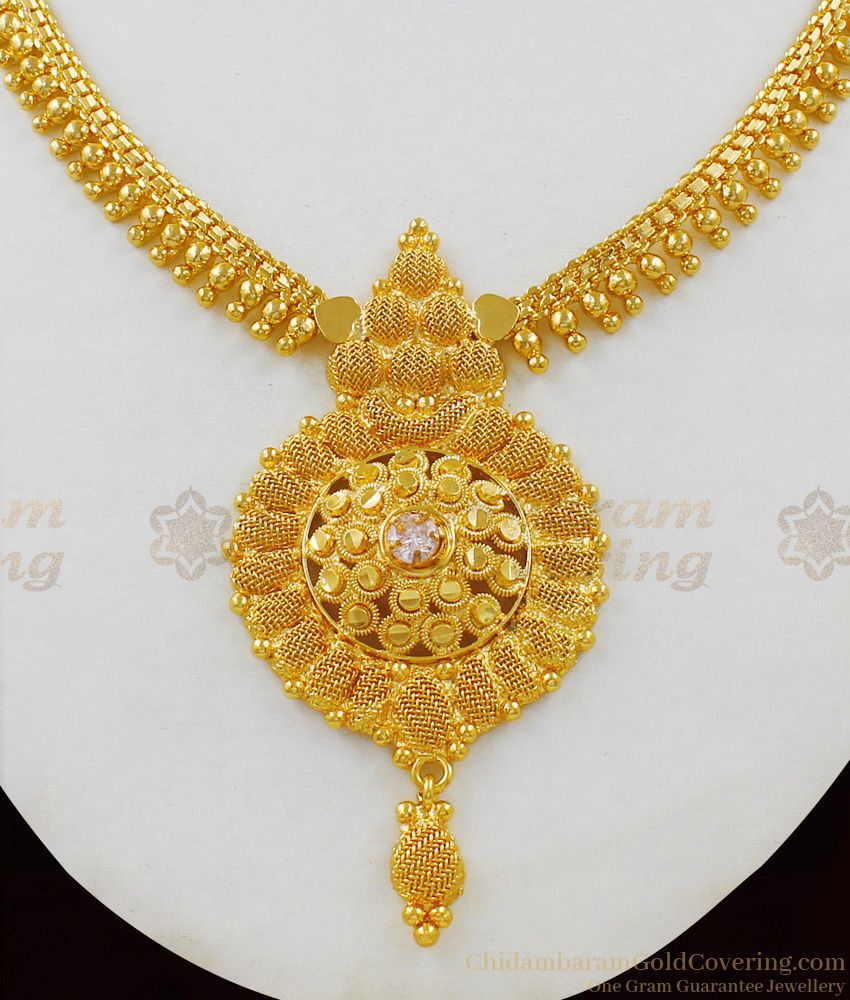 Vivid Gold Inspiring Bridal Necklace With AD White Stone With Mullaipoo Design NCKN1596