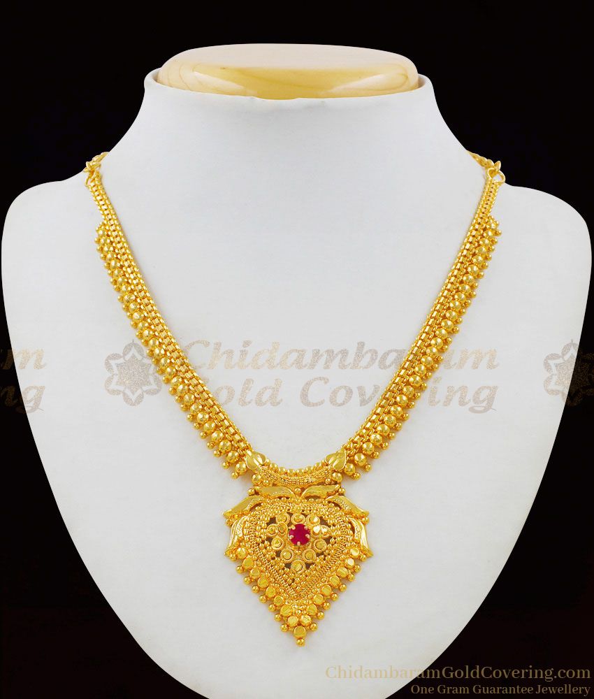 Trendy Heart Love Gift Single Ruby Stone Gold Plated Necklace For Ladies NCKN1599
