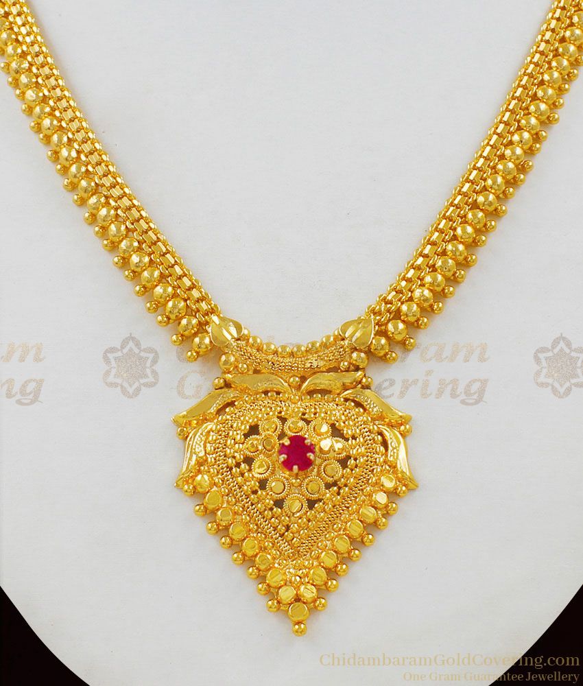 Trendy Heart Love Gift Single Ruby Stone Gold Plated Necklace For Ladies NCKN1599