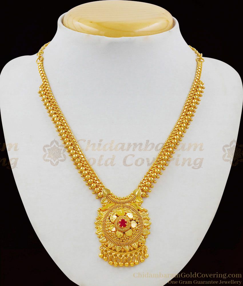 South Indian Traditional Model Gold Imitation Necklace With Single Ruby Stone NCKN1600