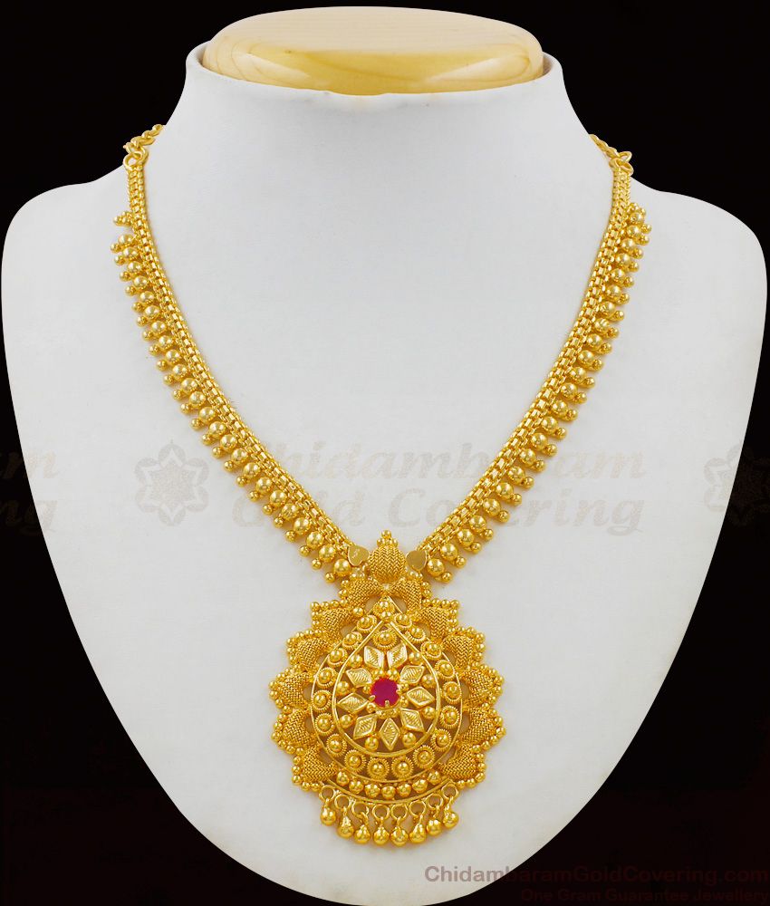 Elegant Single Ruby Stone Gold Imitation Bridal Wear Necklace Model NCKN1602