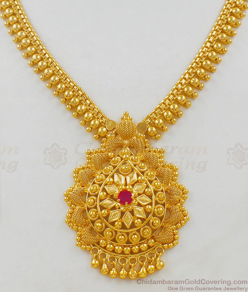 Elegant Single Ruby Stone Gold Imitation Bridal Wear Necklace Model NCKN1602