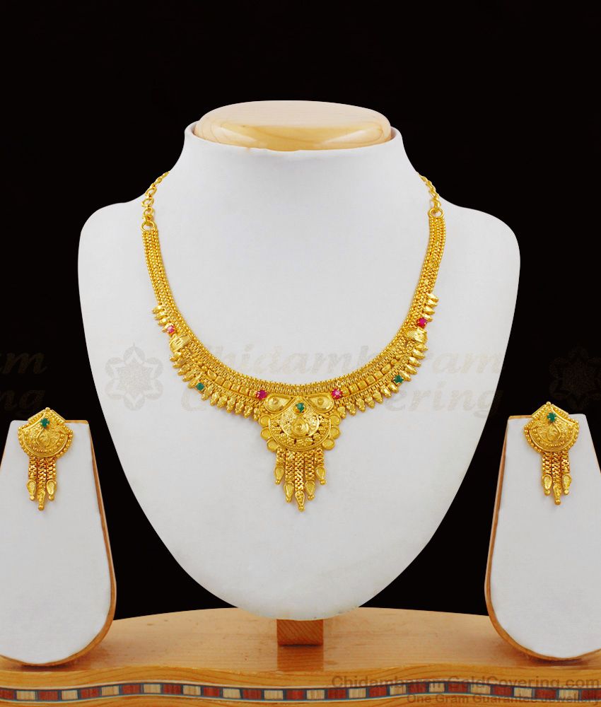 Iconic Flower Model Enamel Forming Gold Necklace With Multi Color Stones And Matching Earrings NCKN1606