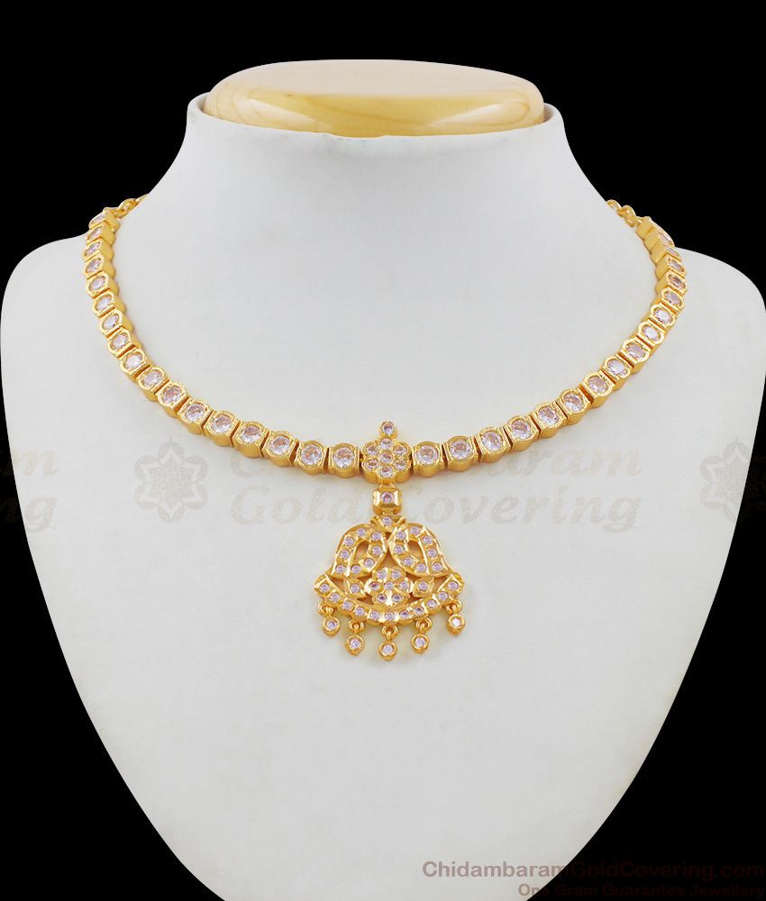 Full Impon White Gati Stone Short Necklace Chain With Flower Dollar For Ladies NCKN1607