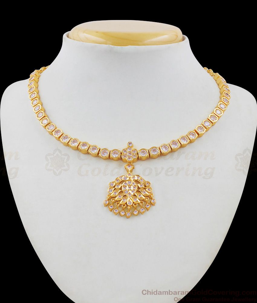 Ethnic Lotus Design White Gati Stone Aiympon Gold Necklace Traditional Wear Jewelry NCKN1608 