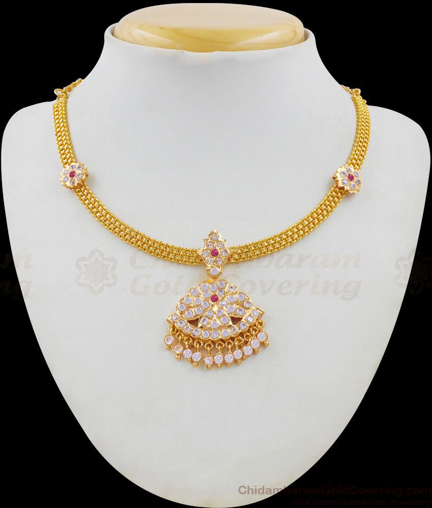 Dazzling Gold Ayimpon Attigai Necklace Flower Design With Multi Color Stones NCKN1609