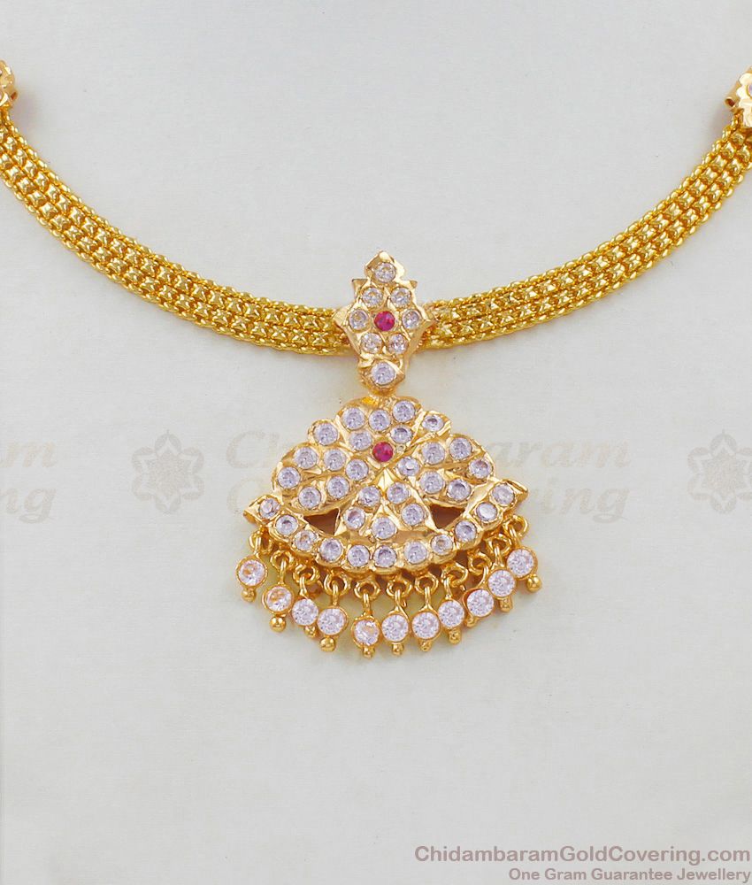 Dazzling Gold Ayimpon Attigai Necklace Flower Design With Multi Color Stones NCKN1609