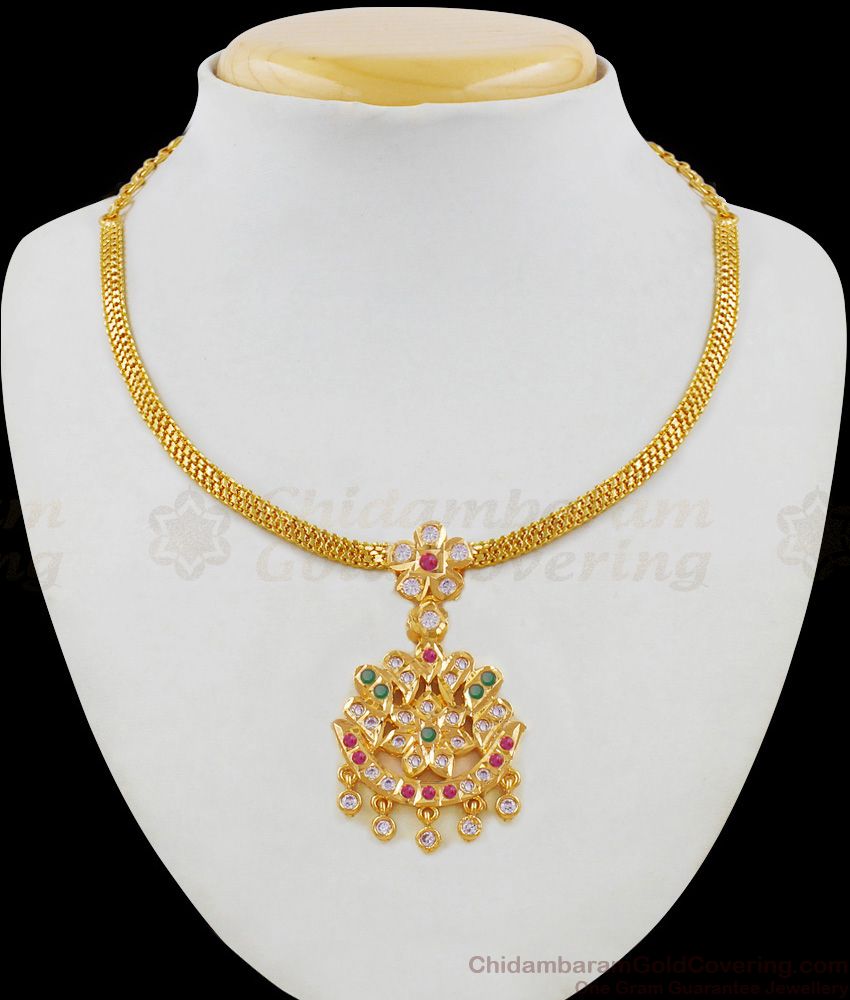 Luxurious Impon Attigai Multi Color Stone Gold Necklace Five Metal Dollar Chain Online NCKN1611