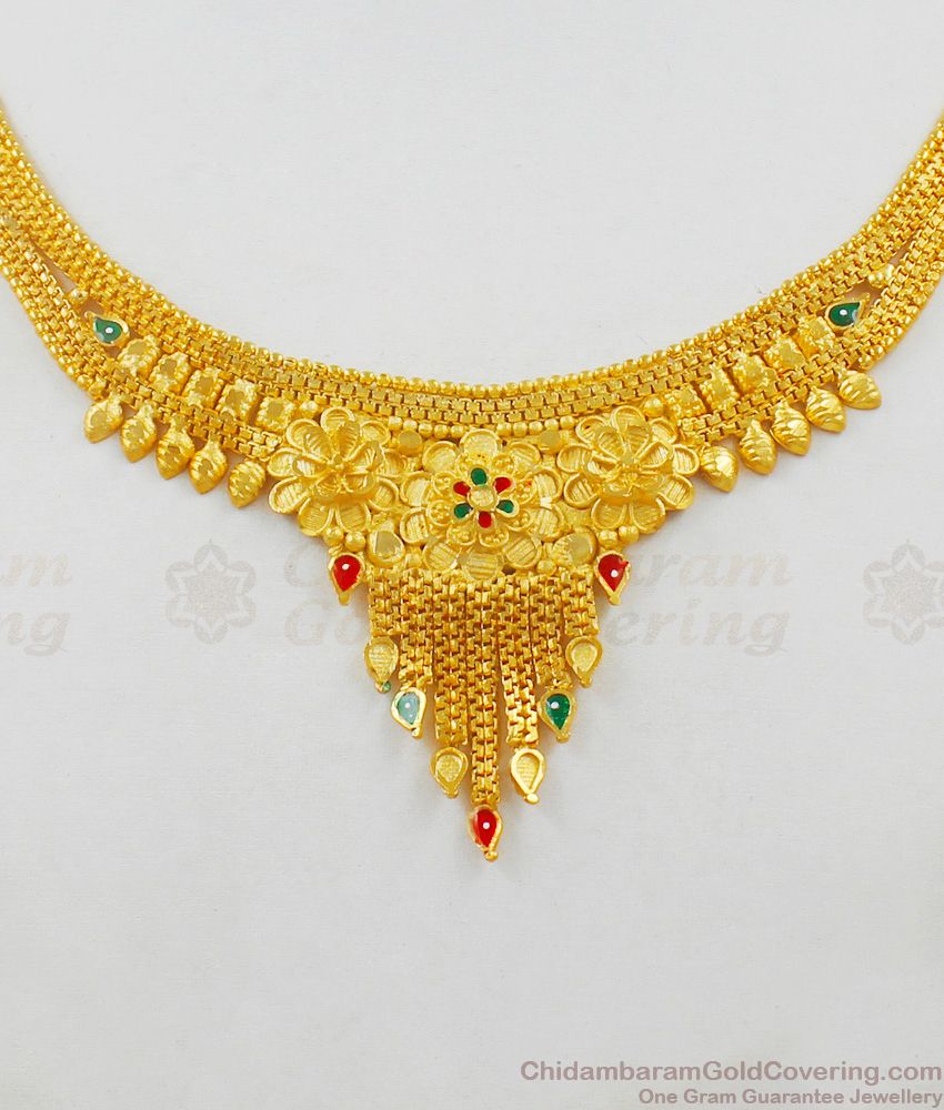 Fancy Color Enamel Forming Gold Necklace With Earrings Bridal Combo Set NCKN1618