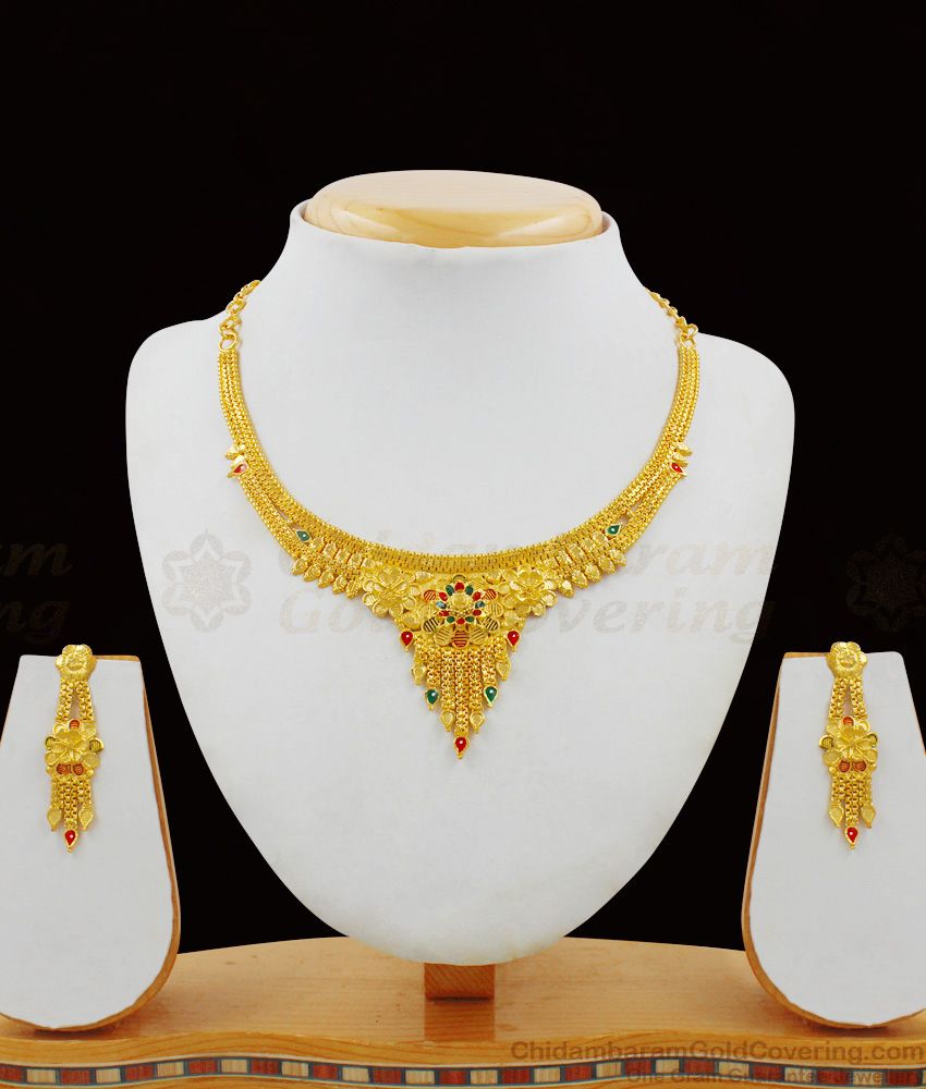 Enamel Forming Gold Flower Dollar Model Bridal Necklace With Earrings Combo Set Collection NCKN1619