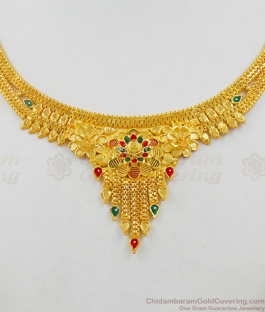 Enamel Forming Gold Flower Dollar Model Bridal Necklace With Earrings Combo Set Collection NCKN1619