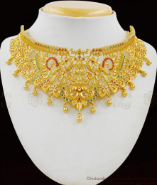 Grand Lakshmi Temple Jewelry Design Gold Choker Necklace Earrings With Stones Combo Set NCKN1620
