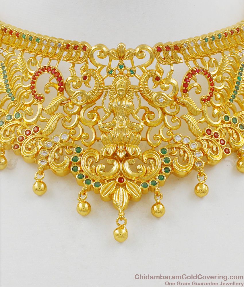 Grand Lakshmi Temple Jewelry Design Gold Choker Necklace Earrings With Stones Combo Set NCKN1620