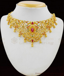 Beautiful Centre Flower Model Multi Color Stones Gold Choker With Matching Earrings For Brides NCKN1621
