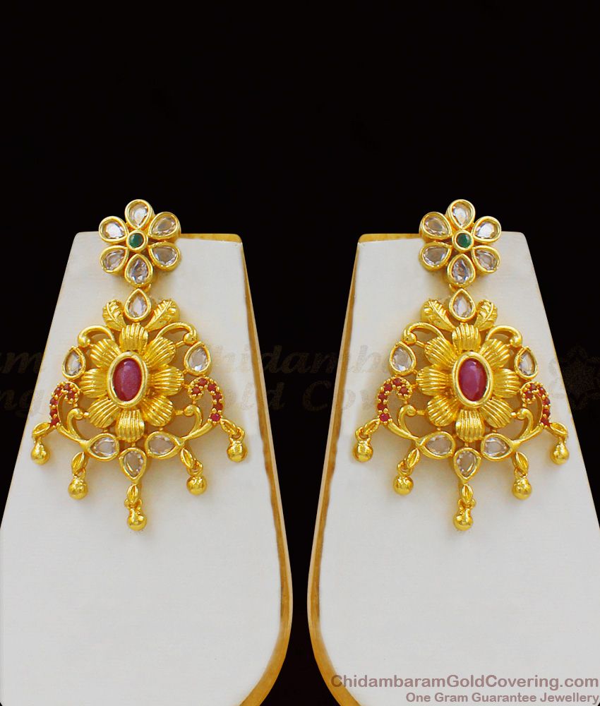 Beautiful Centre Flower Model Multi Color Stones Gold Choker With Matching Earrings For Brides NCKN1621