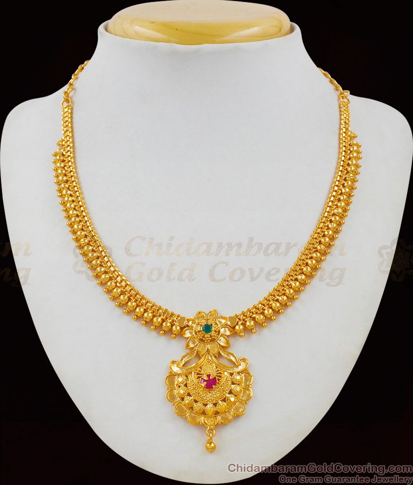 Luxury Fancy Design Gold Single Ruby Stone  And Single Emerald Stone Necklace for Marriage NCKN1640