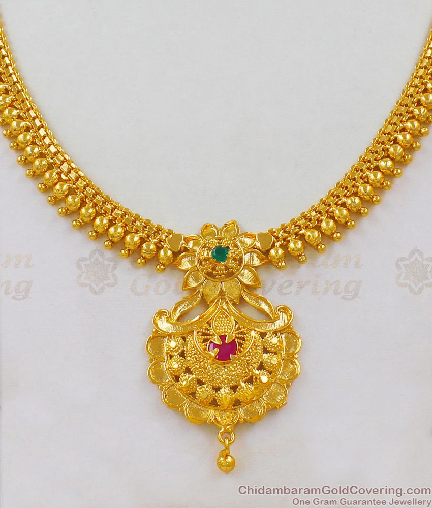 Luxury Fancy Design Gold Single Ruby Stone  And Single Emerald Stone Necklace for Marriage NCKN1640