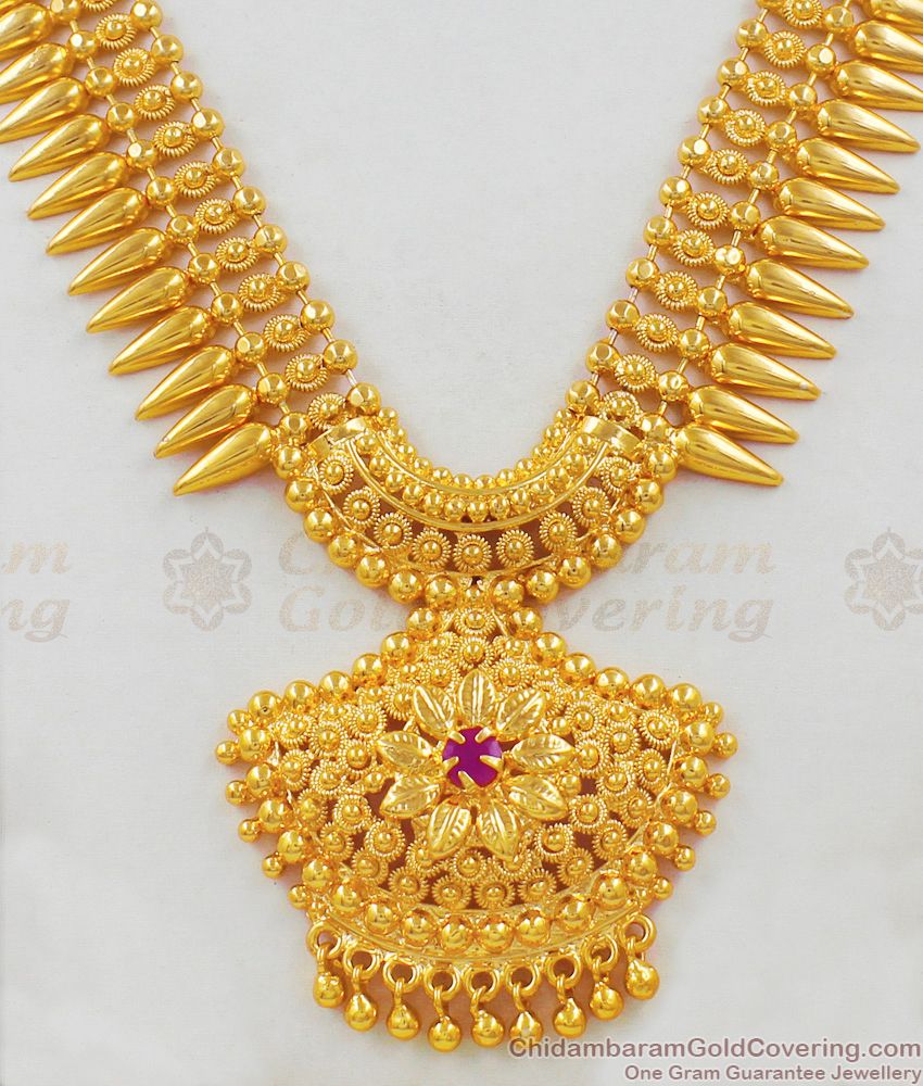 Sparkling Red Stone Kerala Mullaipoo Handmade Bridal Design Necklace Collection NCKN1641