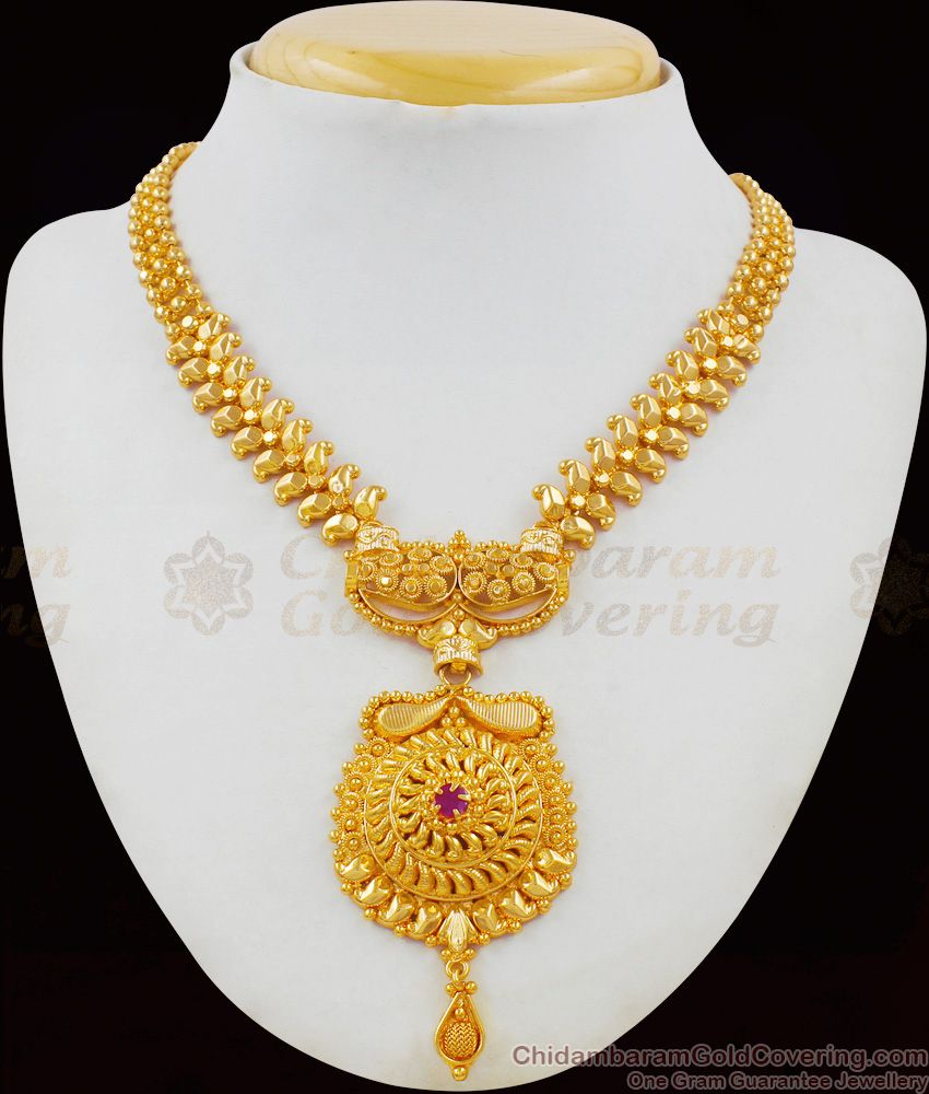 Dramatic Kerala Model Handmade Necklace Single Ruby Stone Buy Online NCKN1642