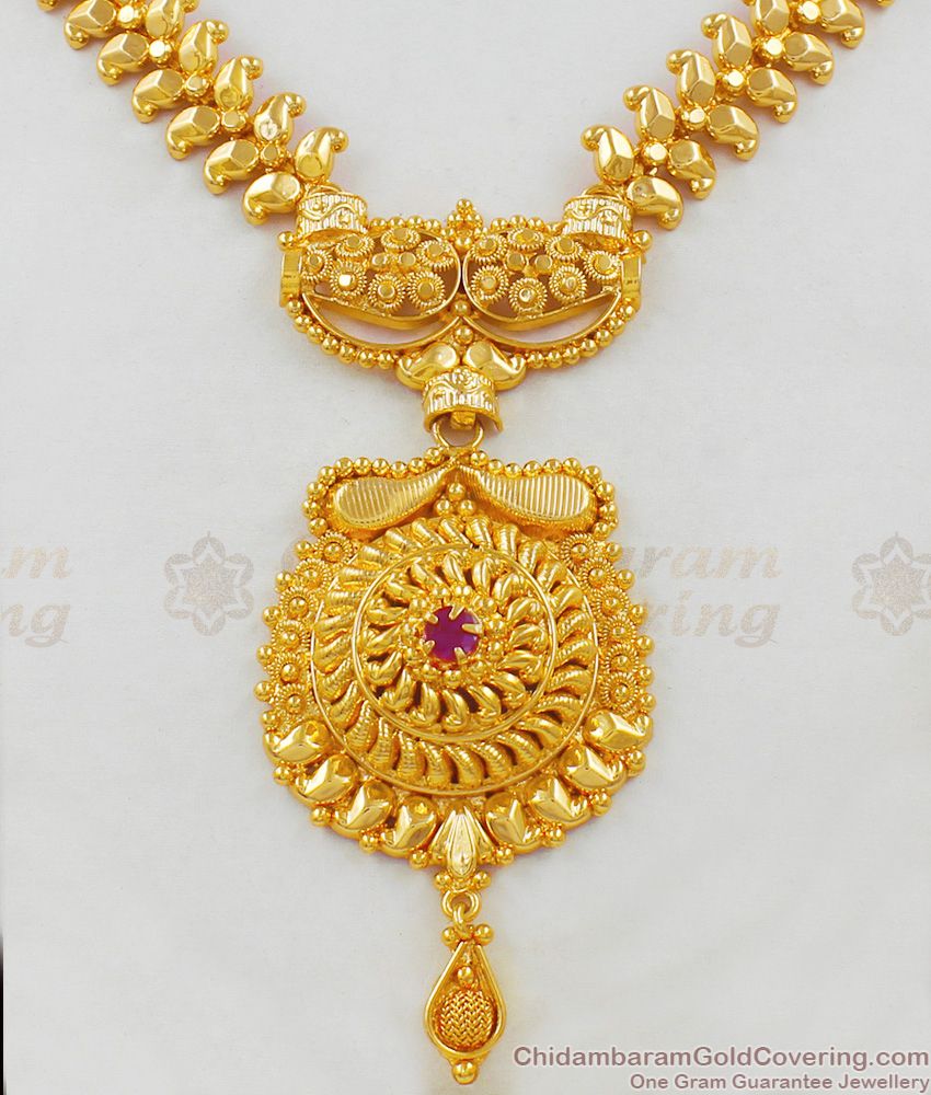 Dramatic Kerala Model Handmade Necklace Single Ruby Stone Buy Online NCKN1642