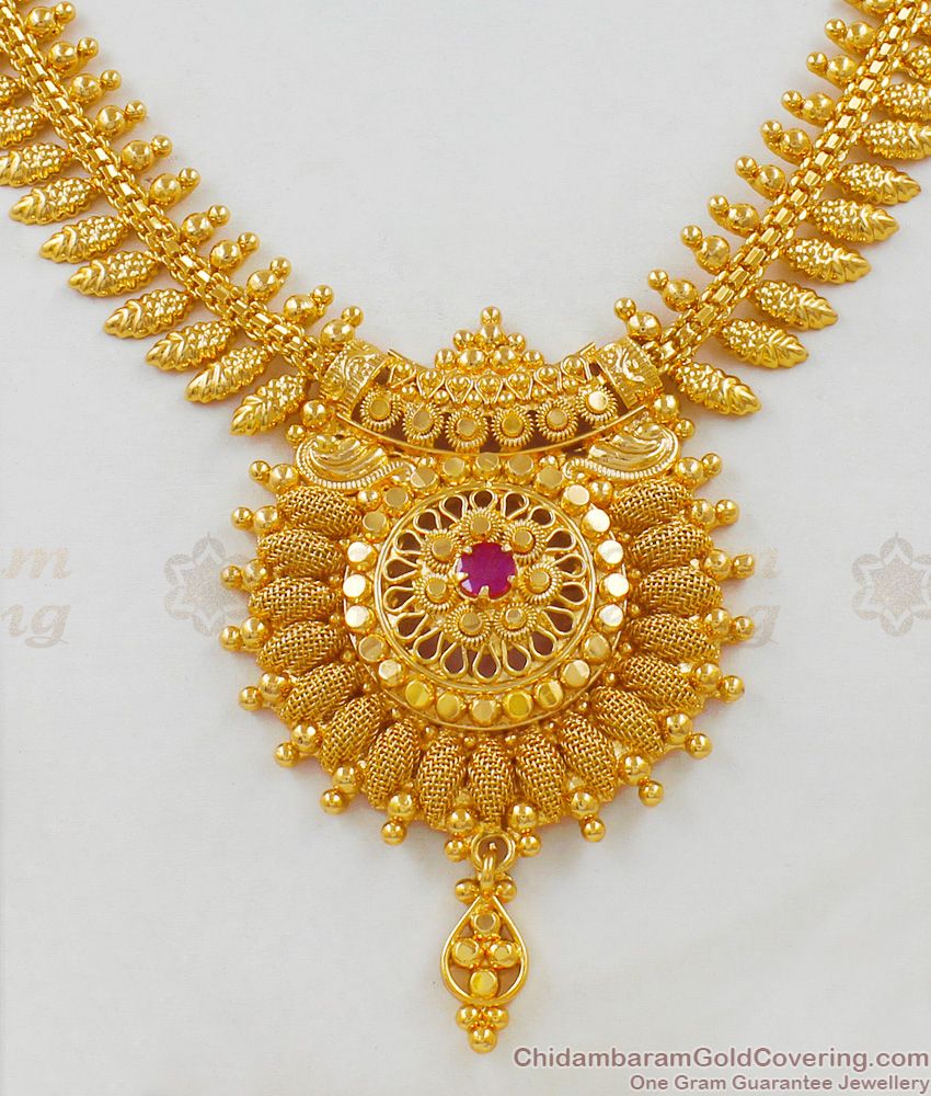 Magnificent Gold Imitation Kerala Leaf Model Bridal Necklace With Precious Red Stone NCKN1644